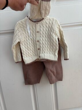 Vitamins Baby Cream Cable Knit Cardigan and Brown Knit Pants Set